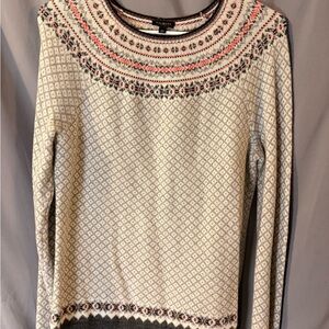 Talbots Cream Fair Isle Yoke Sweater with Coral and Gray